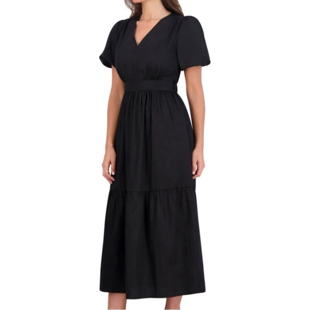 French Connection Bubble Sleeve Poplin Tiered Smocked Waist Dress Black Medium - Picture 4 of 13